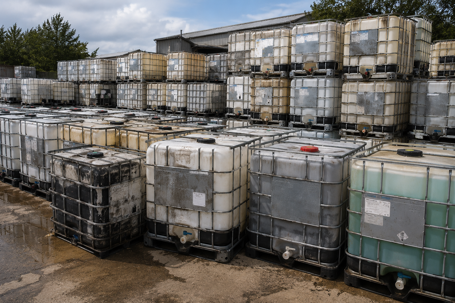 Weathered IBC totes in the reclaim yard, bound for reconditioning or granulation
