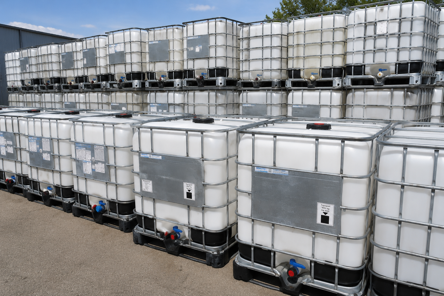 Rows of clean reconditioned IBC totes staged in the yard