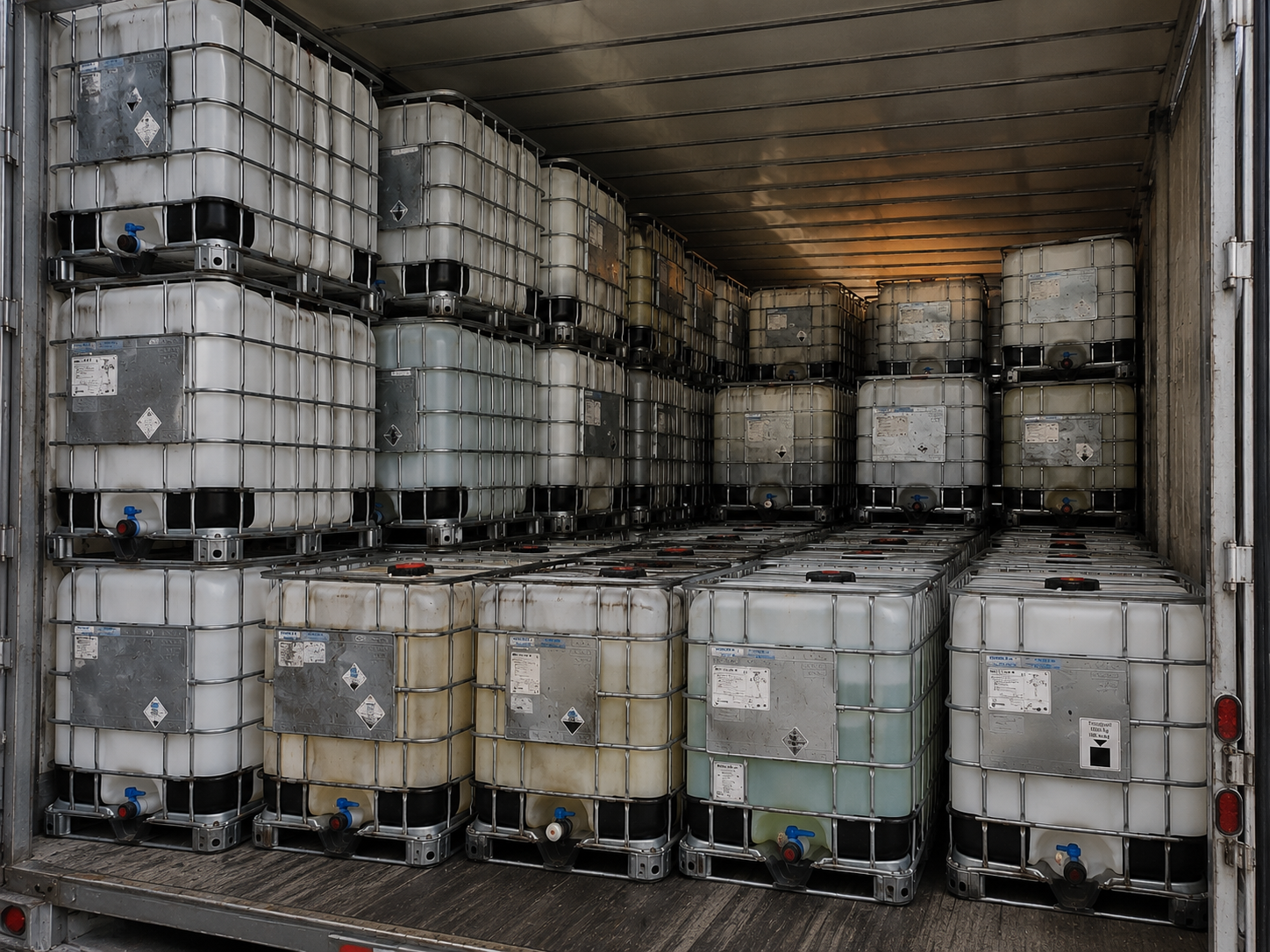 A trailer packed with IBC totes for nationwide freight
