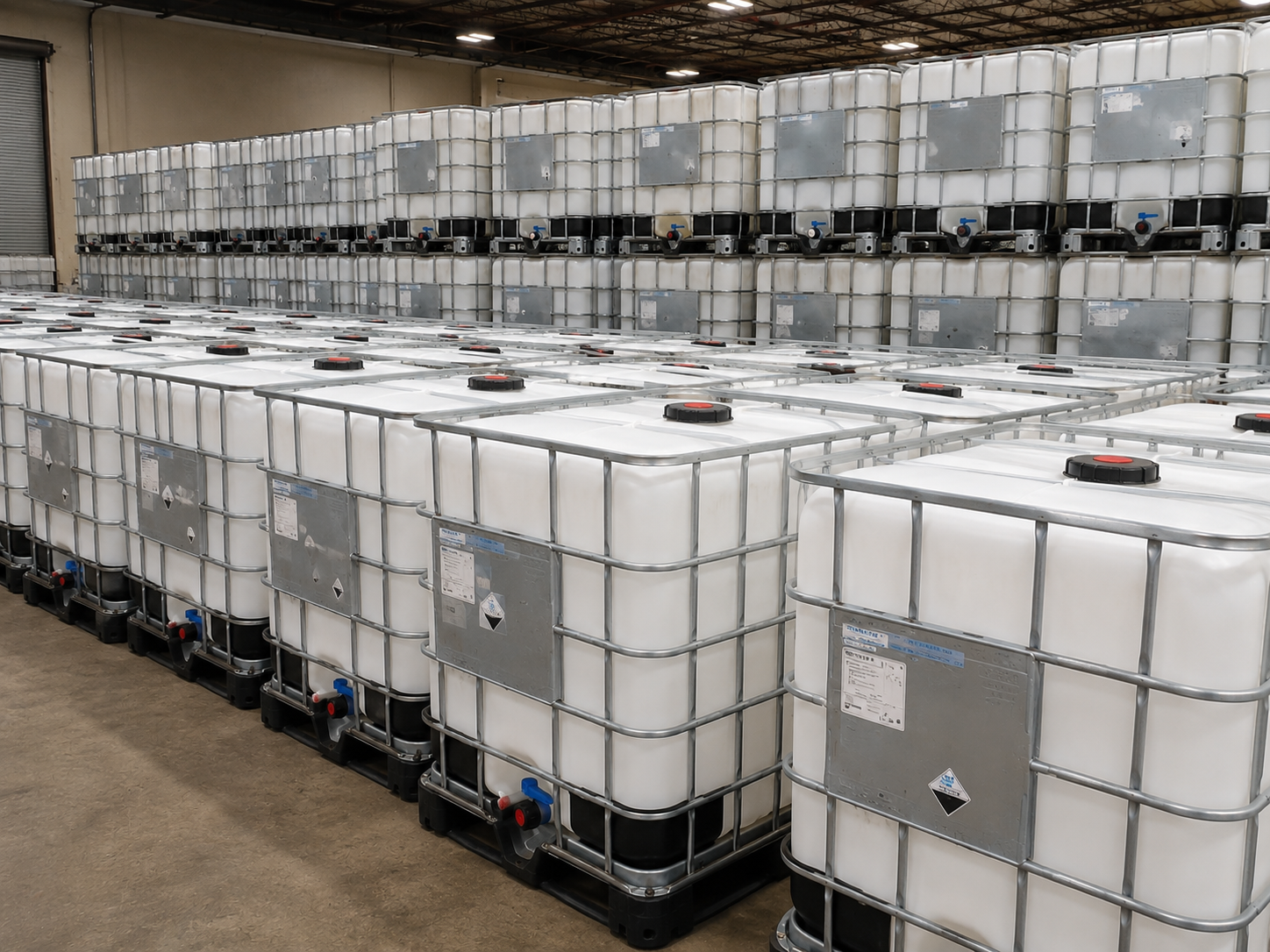 Rows of reconditioned IBC totes staged in the Reclaim warehouse in Peoria, Illinois